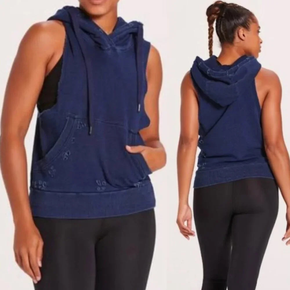 Niyama Sol Dark Blue Cotton Distressed Sleeveless Hoodie - 29676